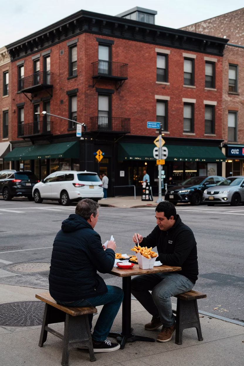 Chicago Street Corner Lunch Scene with Belgian Fries and Pho in Early Afternoon in in Chicago, Illinois, United States