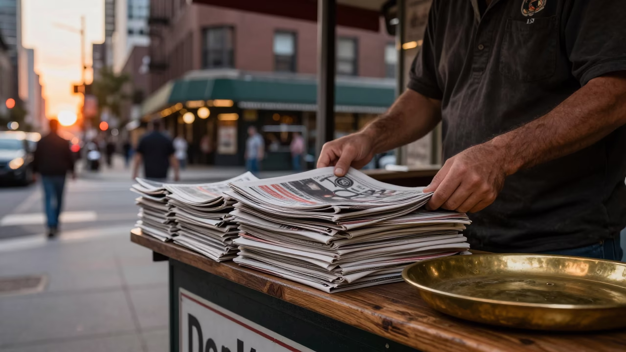 Chicago street corner newspaper stack and brass tray at sunset in Illinois in in Chicago, Illinois, United States