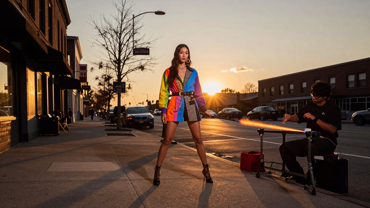 Chicago Street Fashion Sunset with Glass Blowing and Pruning Shears in in Chicago, Illinois, United States