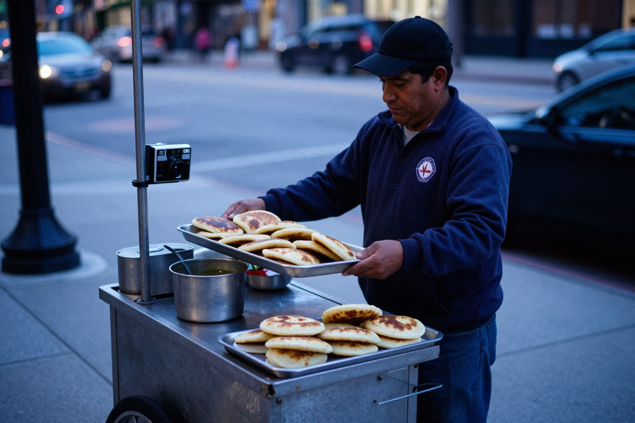Chicago Street Food Vendor Dipping Arepas at Dawn Before Sunrise in in Chicago, Illinois, United States