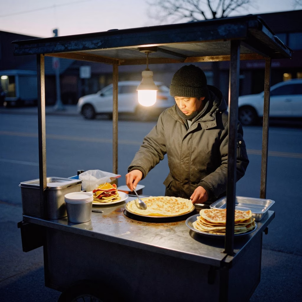 Chicago Street Food Vendor Selling Jianbing Crepes Before Dawn in in Chicago, Illinois, United States