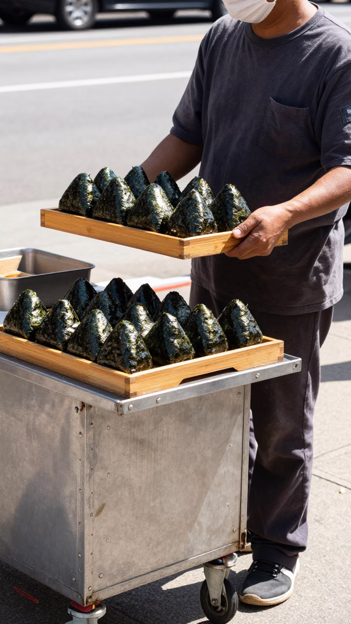 Chicago Street Food Vendor Selling Onigiri and Mole Negro in Bright Midmorning Light in in Chicago, Illinois, United States