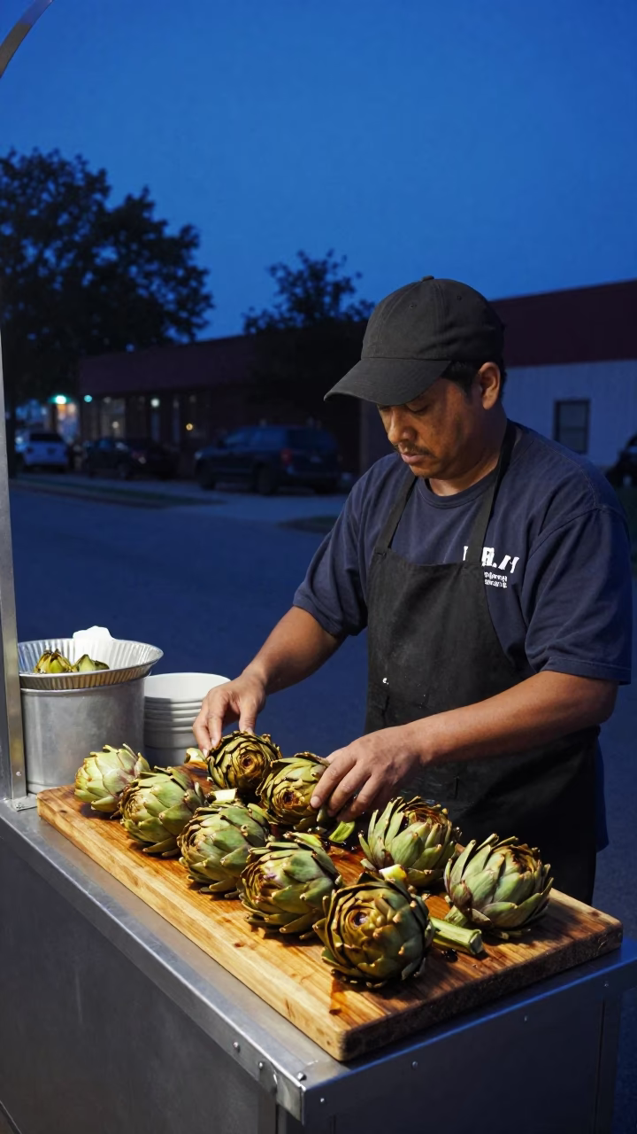 Chicago Street Food Vendor Serving Artichokes at Blue Hour in Illinois in in Chicago, Illinois, United States