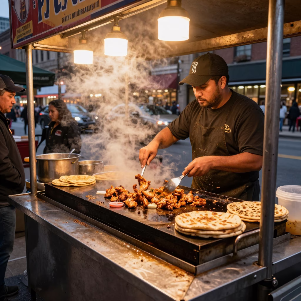 Chicago street food vendor serving shawarma in golden hour light before dusk in in Chicago, Illinois, United States
