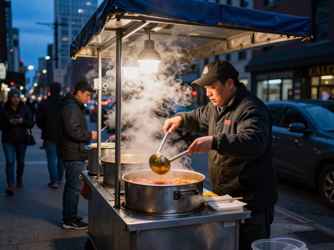 Chicago Street Food Vendor Twilight Service with Steam and Brass Ladle in Illinois in in Chicago, Illinois, United States