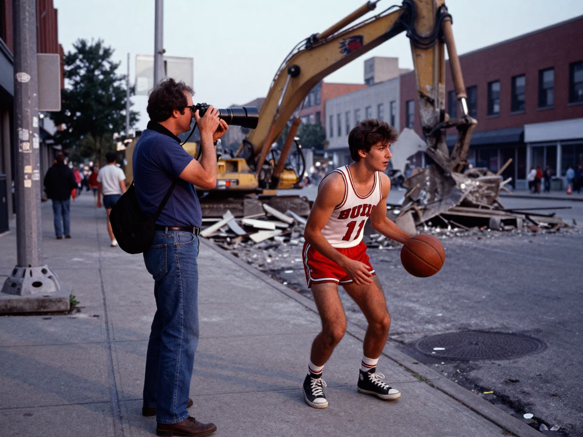 Chicago Street Photographer Captures Leather Basketball Player Against Demolition Dumpster at Dusk in in Chicago, Illinois, United States