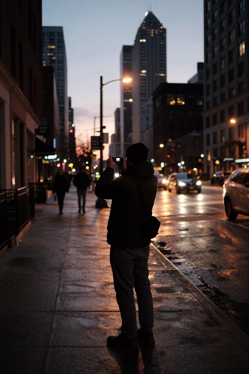 Chicago Street Photographer Capturing Predawn Cityscape in Illinois Urban Darkness in in Chicago, Illinois, United States