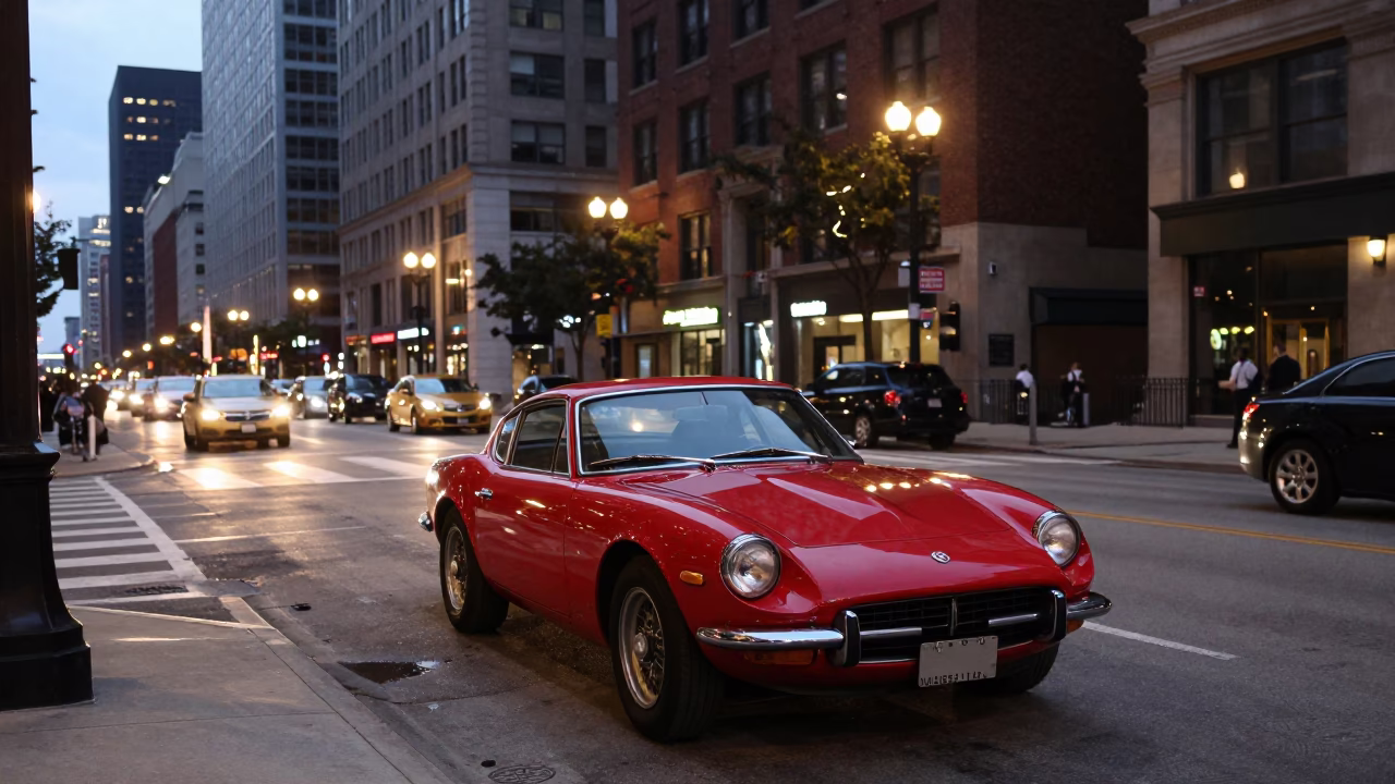 Chicago Street Photography at Twilight with Vintage Red Sports Car on Urban Road in in Chicago, Illinois, United States