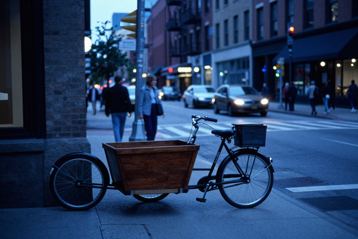Chicago Street Scene at Blue Hour with Cargo Bicycle and Urban Architecture in in Chicago, Illinois, United States