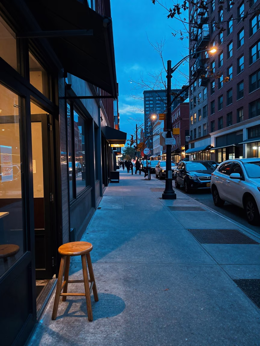 Chicago Street Scene at Blue Hour with Hammer and Cutlery on Table in in Chicago, Illinois, United States