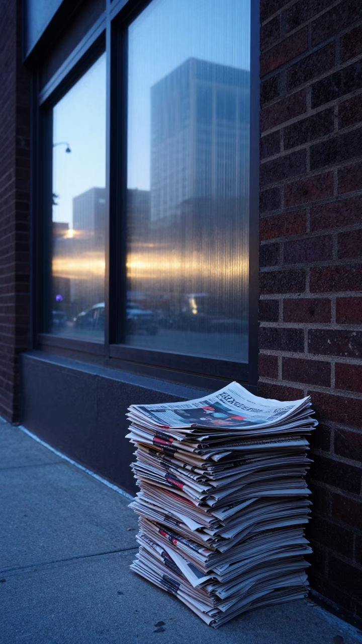 Chicago Street Scene at Dawn with Newspaper Stack and Brass Details in in Chicago, Illinois, United States