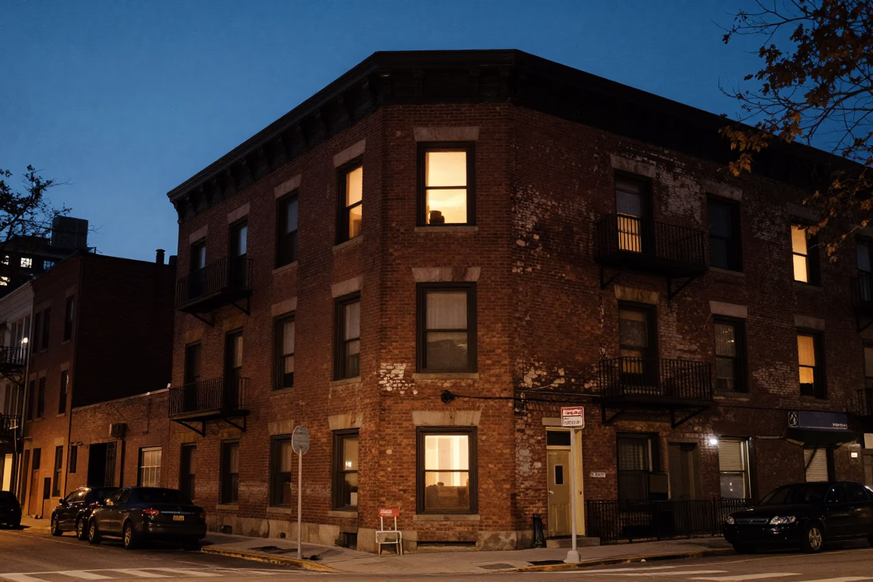 Chicago Street Scene at Dusk with Apartment Window and City Lights in in Chicago, Illinois, United States