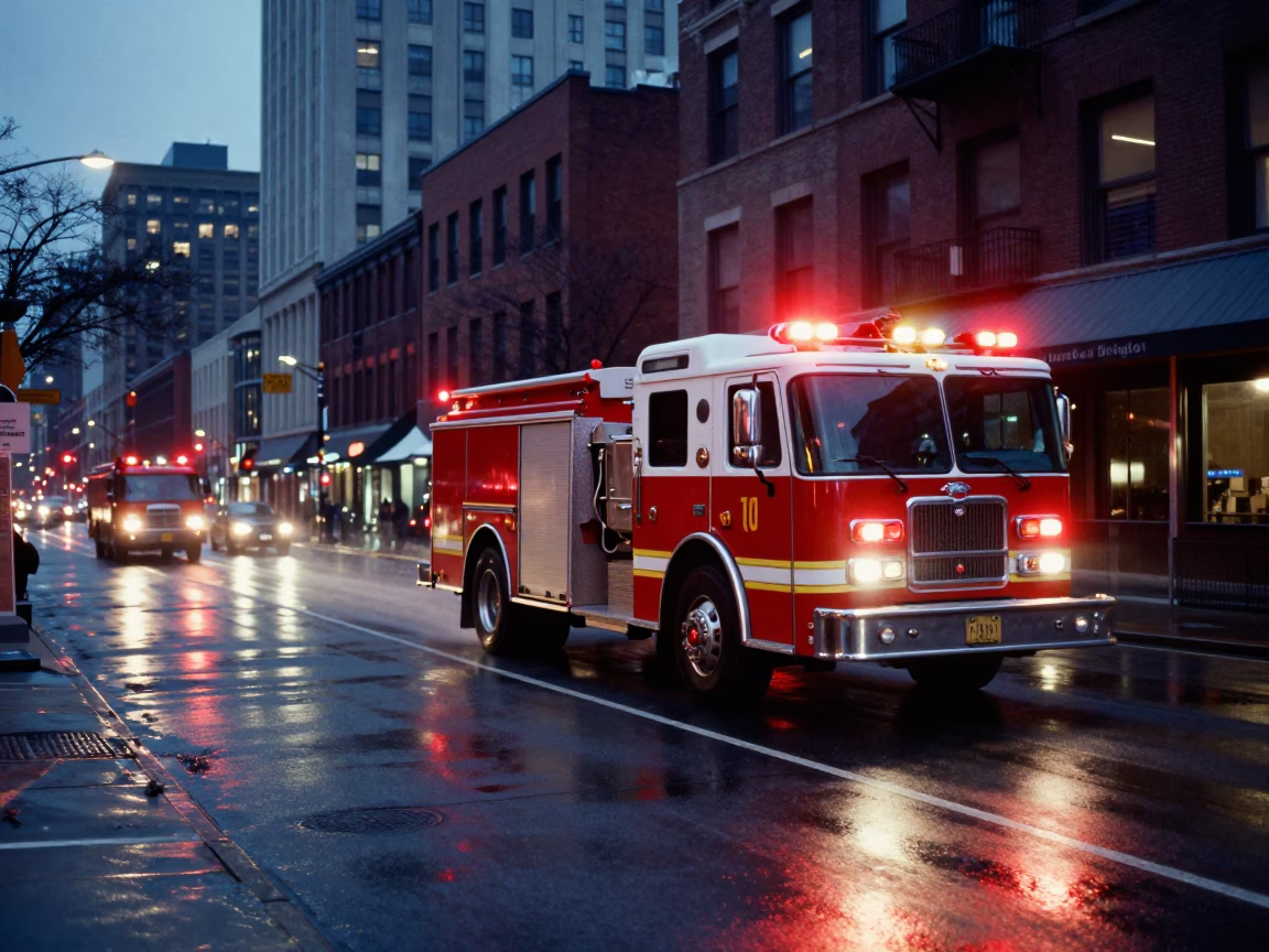 Chicago Street Scene at Dusk with Fire Engine Racing Past Urban Architecture in in Chicago, Illinois, United States