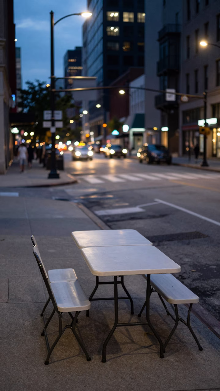 Chicago Street Scene at Dusk with Folding Tables and Stone Bench in in Chicago, Illinois, United States