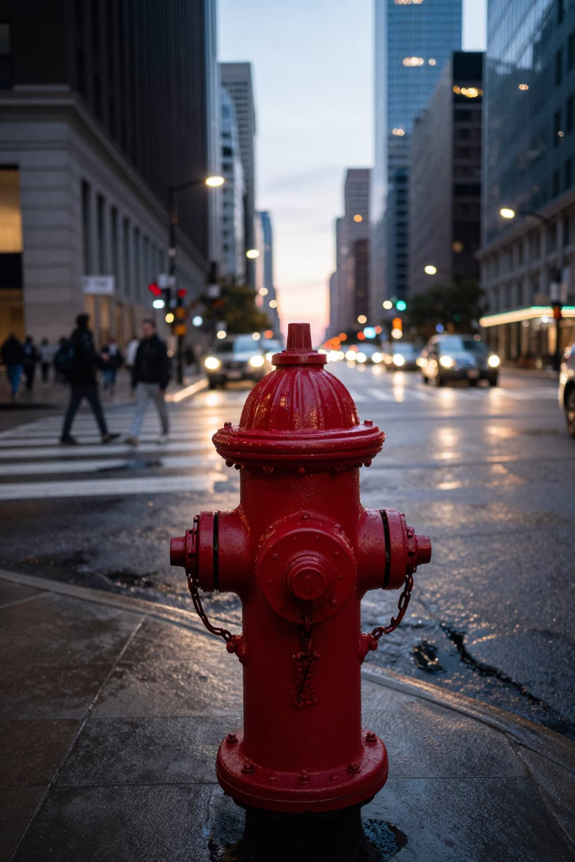 Chicago Street Scene at Dusk with Glossy Enamel Surfaces and Urban Reflections in in Chicago, Illinois, United States