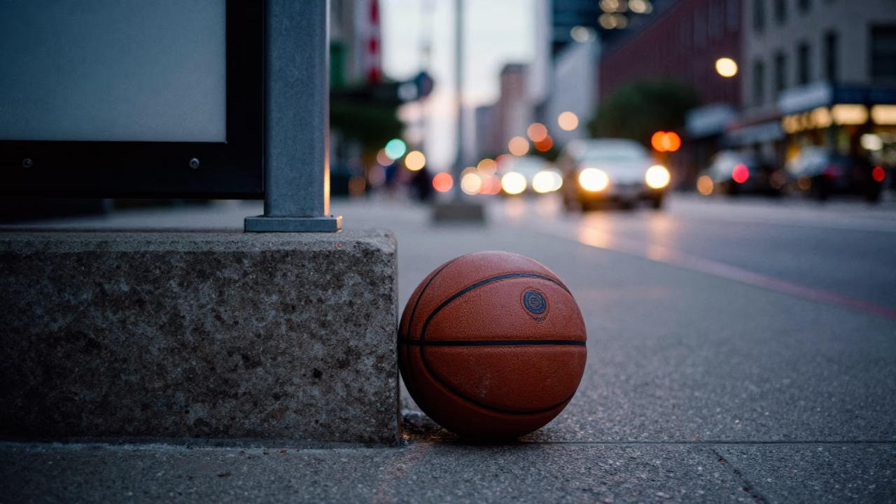 Chicago Street Scene at Dusk with Leather Basketball and City Lights in in Chicago, Illinois, United States
