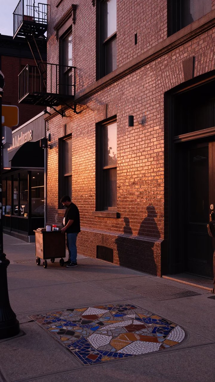 Chicago Street Scene at Dusk with Mosaic Tile Fragments and Urban Maintenance Details in in Chicago, Illinois, United States