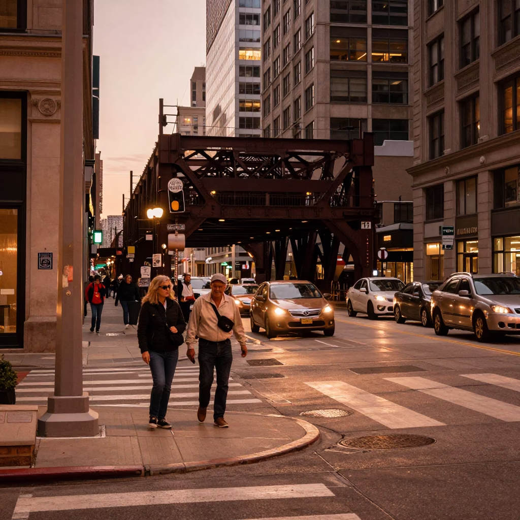 Chicago Street Scene at Dusk with Railway Viaduct and Autumn Leaf Shadows in in Chicago, Illinois, United States