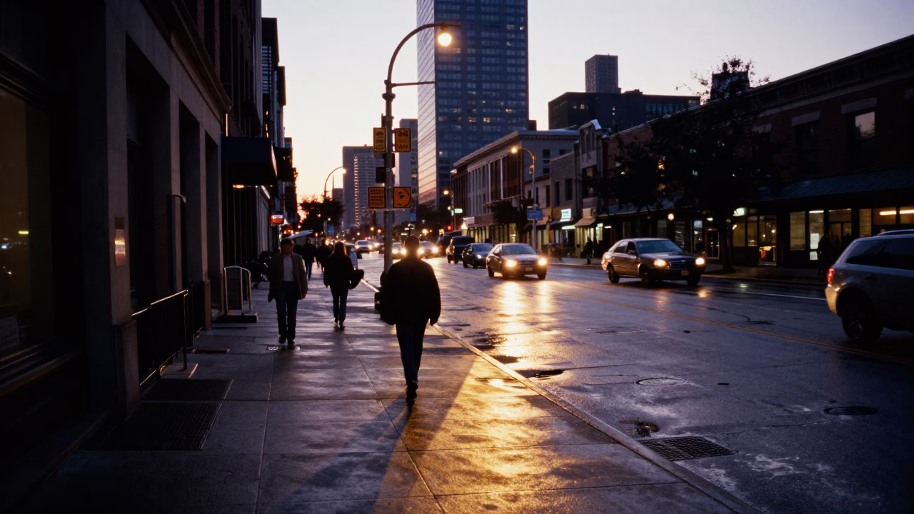 Chicago Street Scene at Dusk with Sunlight Stripe and Backgammon Game in in Chicago, Illinois, United States
