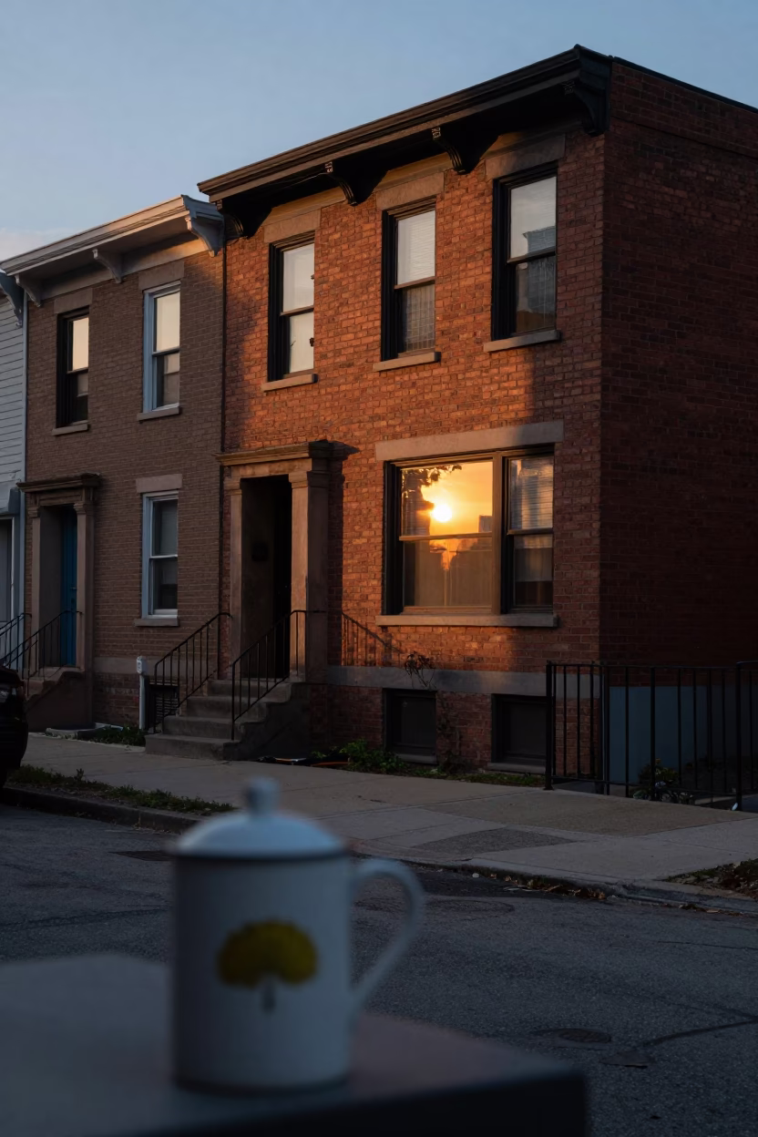 Chicago Street Scene at Dusk with Tea Canister and Dish Rack on Porch in in Chicago, Illinois, United States