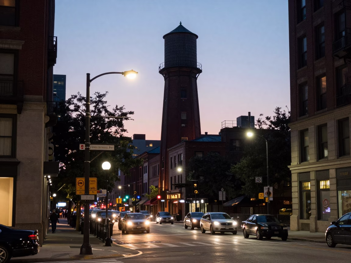 Chicago Street Scene at Dusk with Water Tower and Urban Lights in in Chicago, Illinois, United States