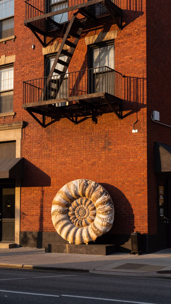 Chicago Street Scene at Golden Hour with Ammonite Fossil and Urban Architecture in in Chicago, Illinois, United States