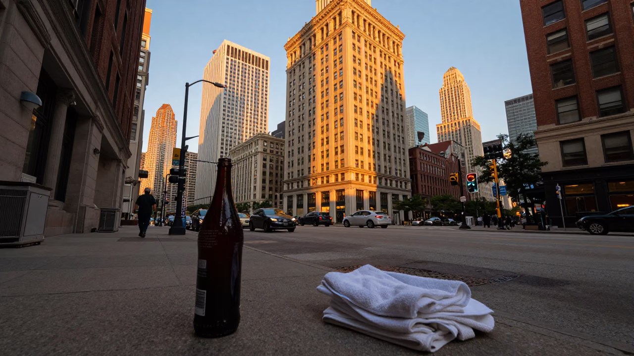 Chicago Street Scene at Golden Hour with Bottle and Towels in in Chicago, Illinois, United States