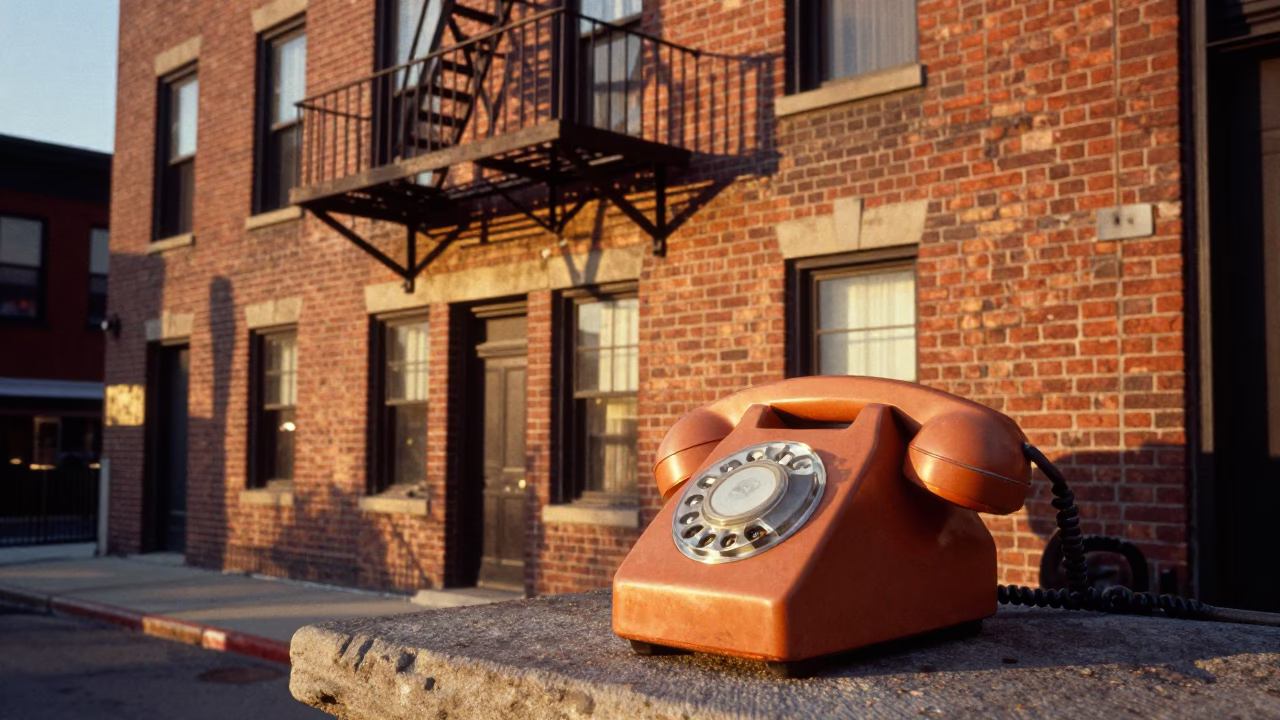 Chicago Street Scene at Golden Hour with Vintage Bakelite Telephone and Terracotta Bowl in in Chicago, Illinois, United States