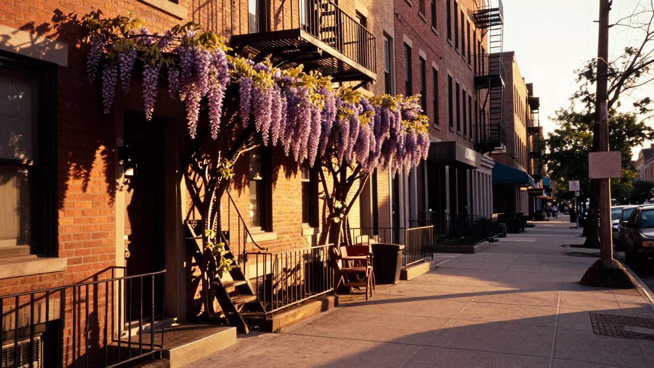 Chicago Street Scene at Golden Hour with Wisteria and Urban Details in in Chicago, Illinois, United States