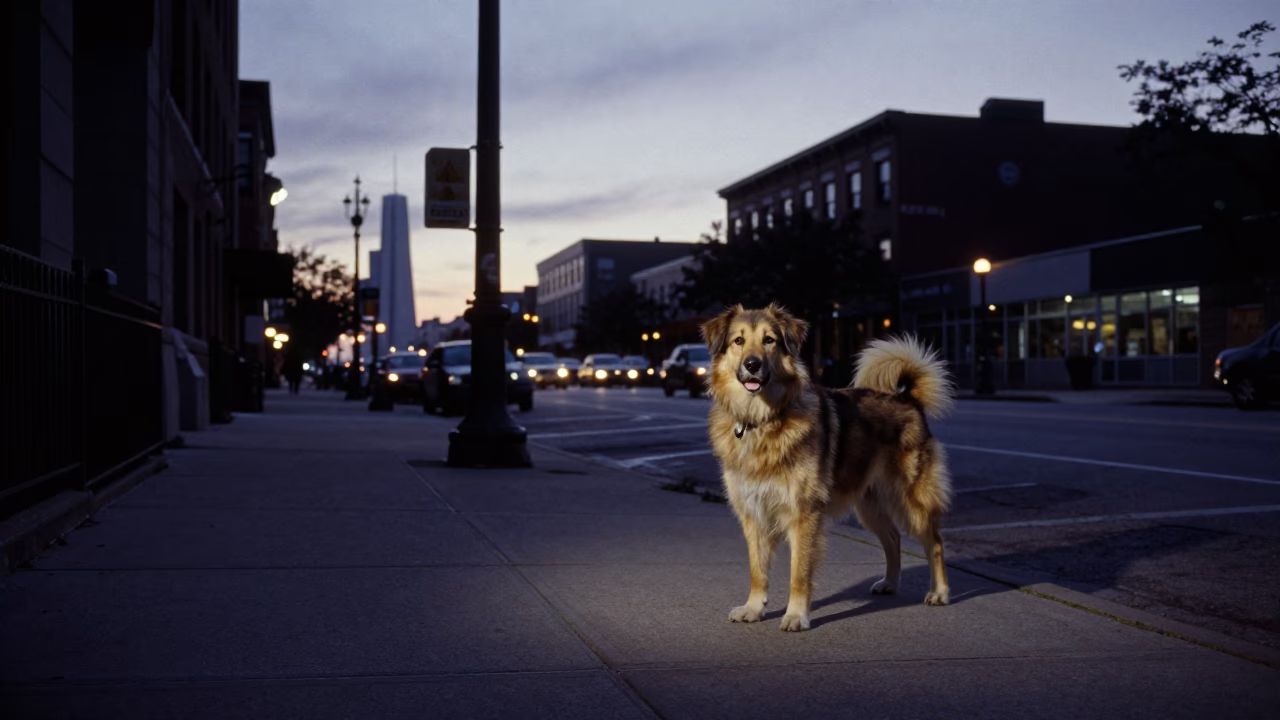 Chicago Street Scene at Nautical Dawn with Canaan Dog and Urban Details in in Chicago, Illinois, United States