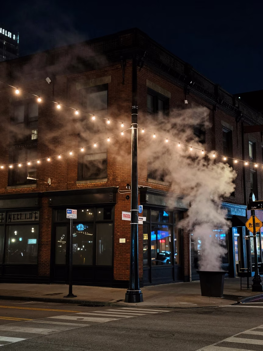 Chicago Street Scene at Night with Steam and String Lights in in Chicago, Illinois, United States