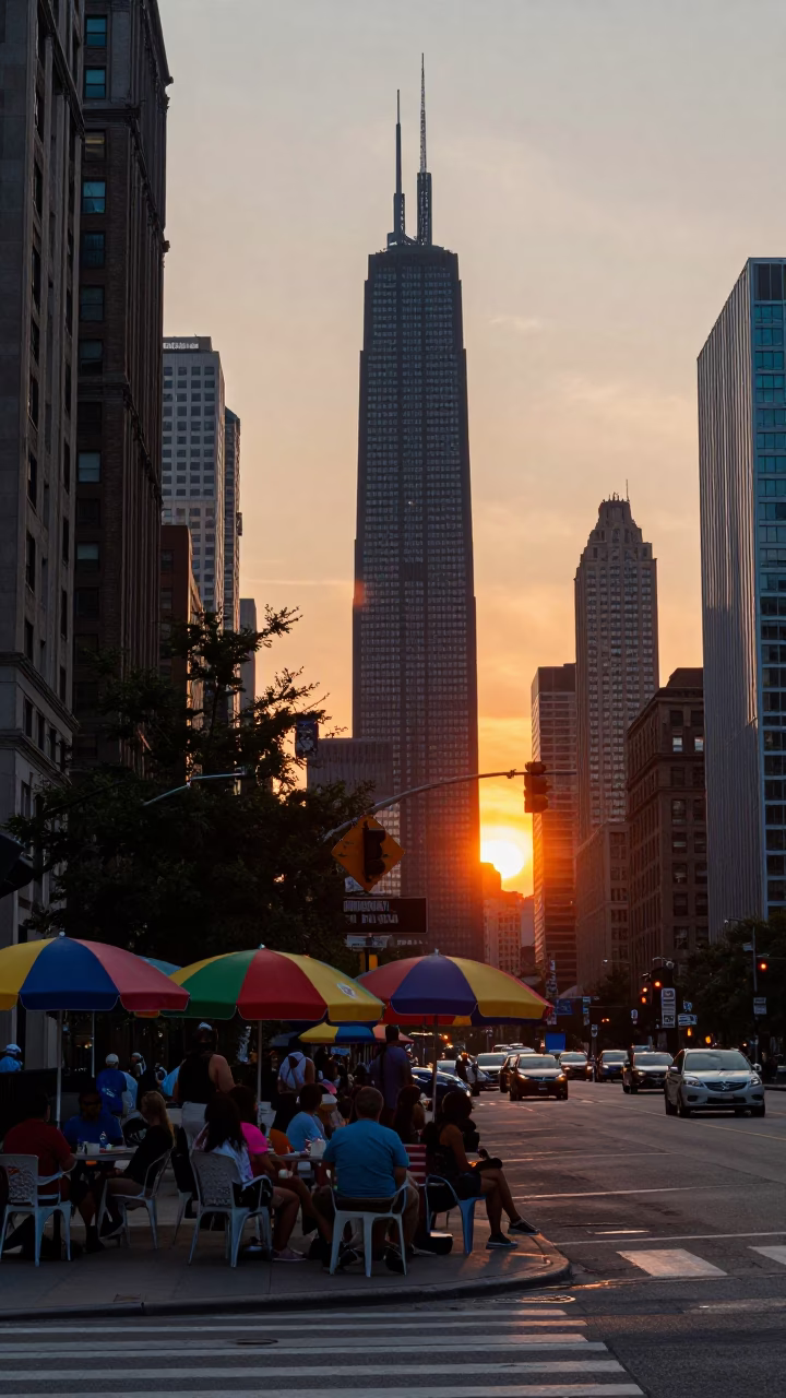 Chicago Street Scene at Sunset with Colorful Umbrellas and City Skyline in in Chicago, Illinois, United States