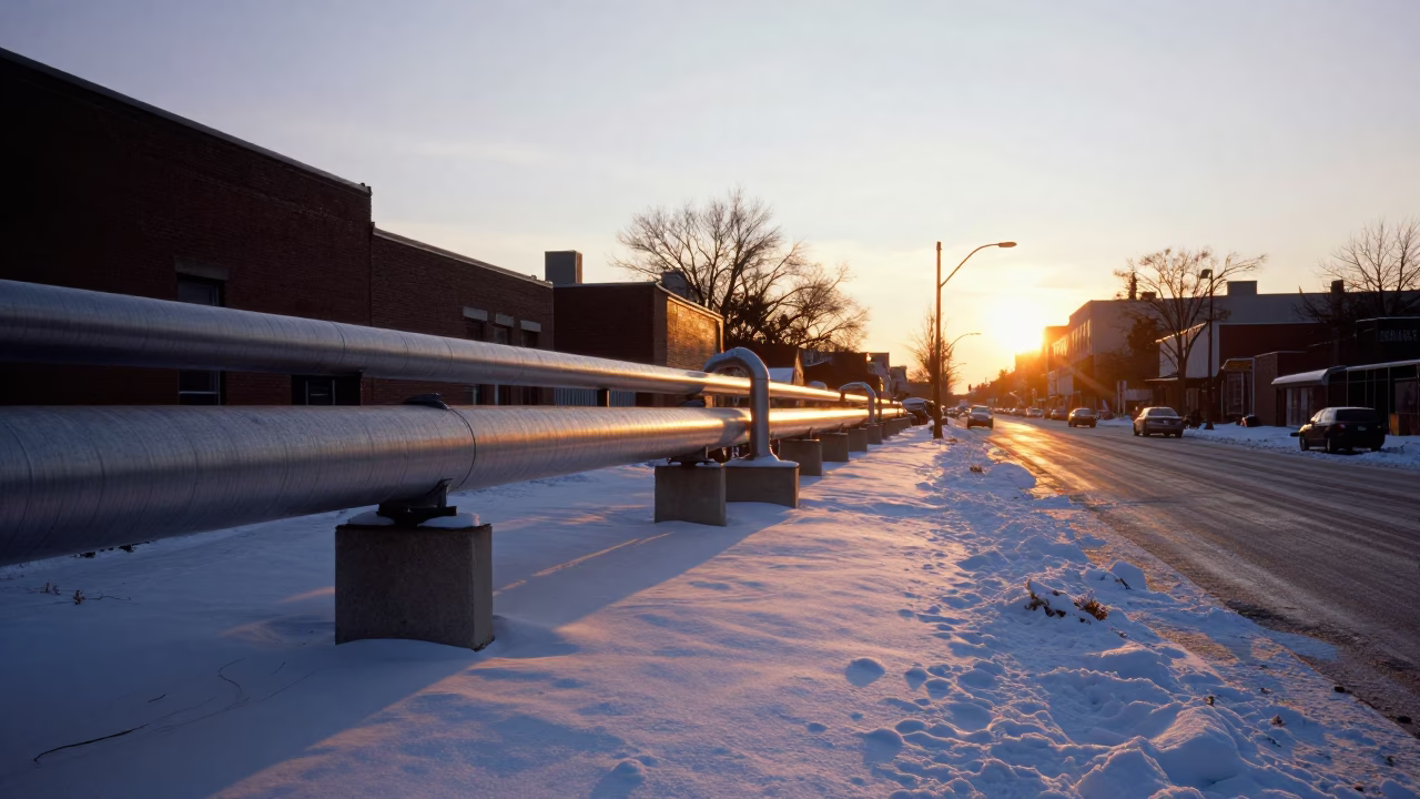 Chicago Street Scene at Sunset with District Heating Pipes and Urban Life in in Chicago, Illinois, United States