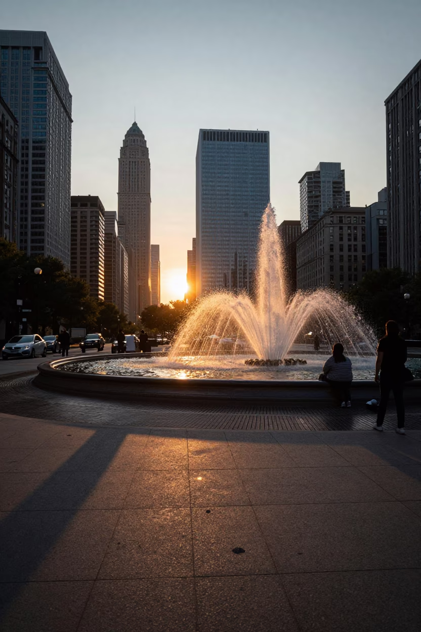 Chicago Street Scene at Sunset with Fountain Spray and Urban Details in in Chicago, Illinois, United States