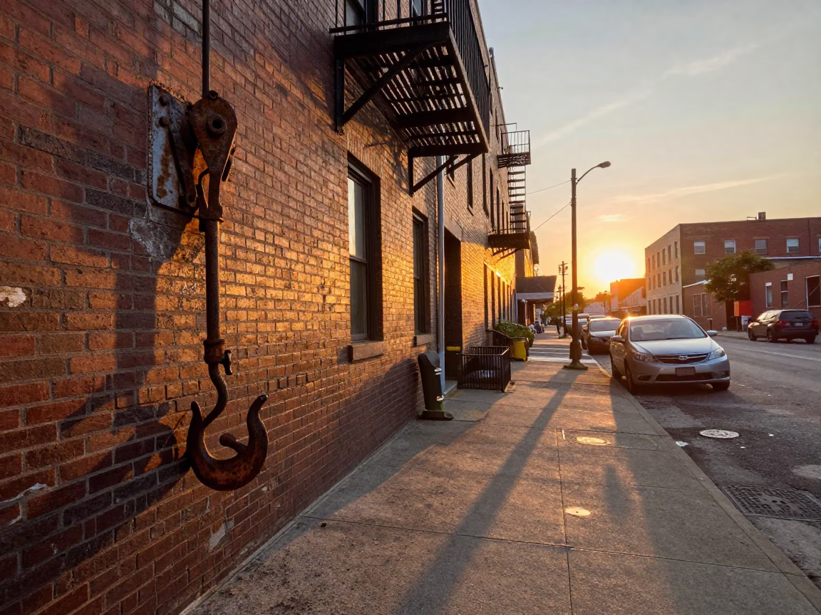 Chicago Street Scene at Sunset with Iron Hook and Deadbolt Details in in Chicago, Illinois, United States