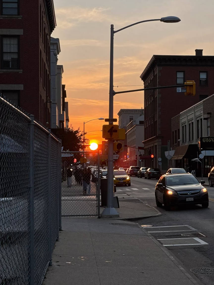 Chicago Street Scene at Sunset with Utility Fence and Water Bottle in in Chicago, Illinois, United States