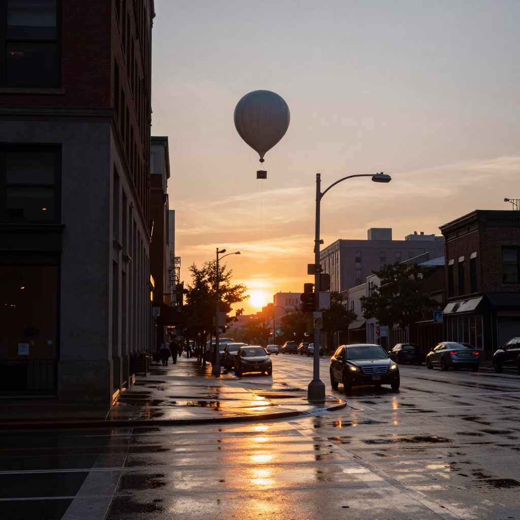 Chicago Street Scene at Sunset with Weather Balloon Launch Tarp Snapping on Wet Asphalt in in Chicago, Illinois, United States