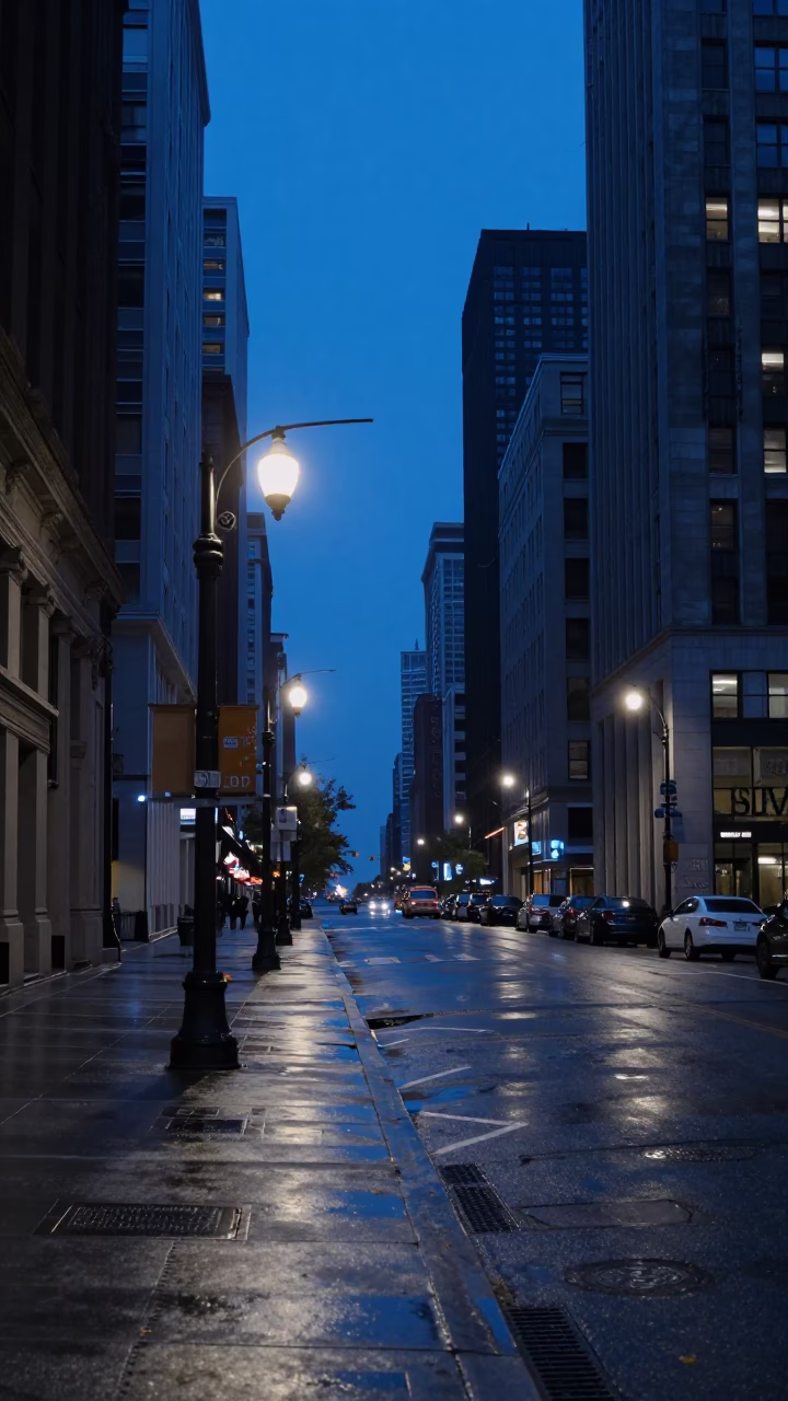 Chicago Street Scene at The Still Hours Before Dawn Light in in Chicago, Illinois, United States