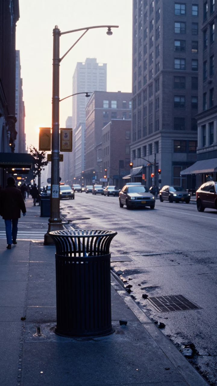 Chicago Street Scene Before Dawn with Condensation and Urban Elements in in Chicago, Illinois, United States