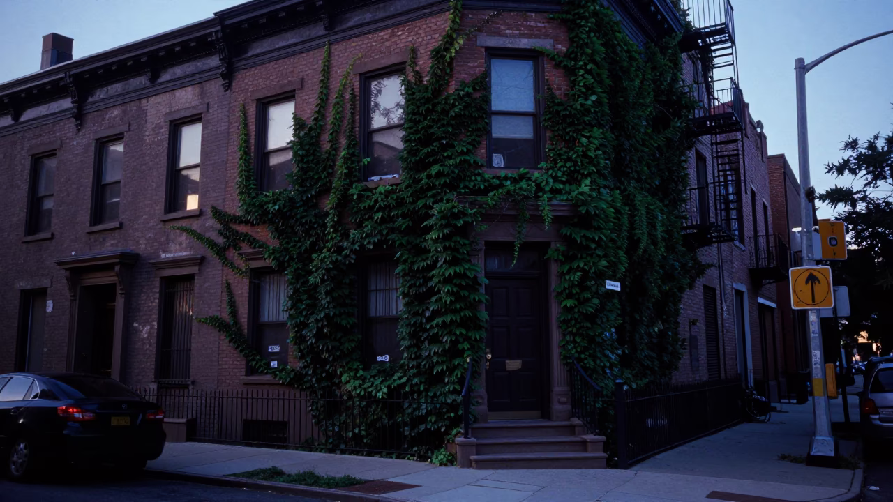 Chicago Street Scene Before Dawn with Ivy Vines and Urban Architecture in in Chicago, Illinois, United States