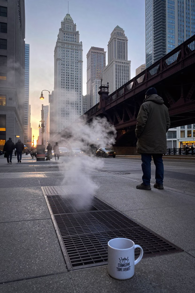 Chicago Street Scene Before Dawn With Mug And Viaduct in in Chicago, Illinois, United States