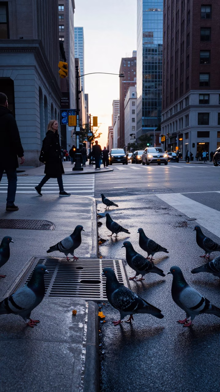 Chicago Street Scene Before Dawn with Pigeons and Urban Architecture in in Chicago, Illinois, United States