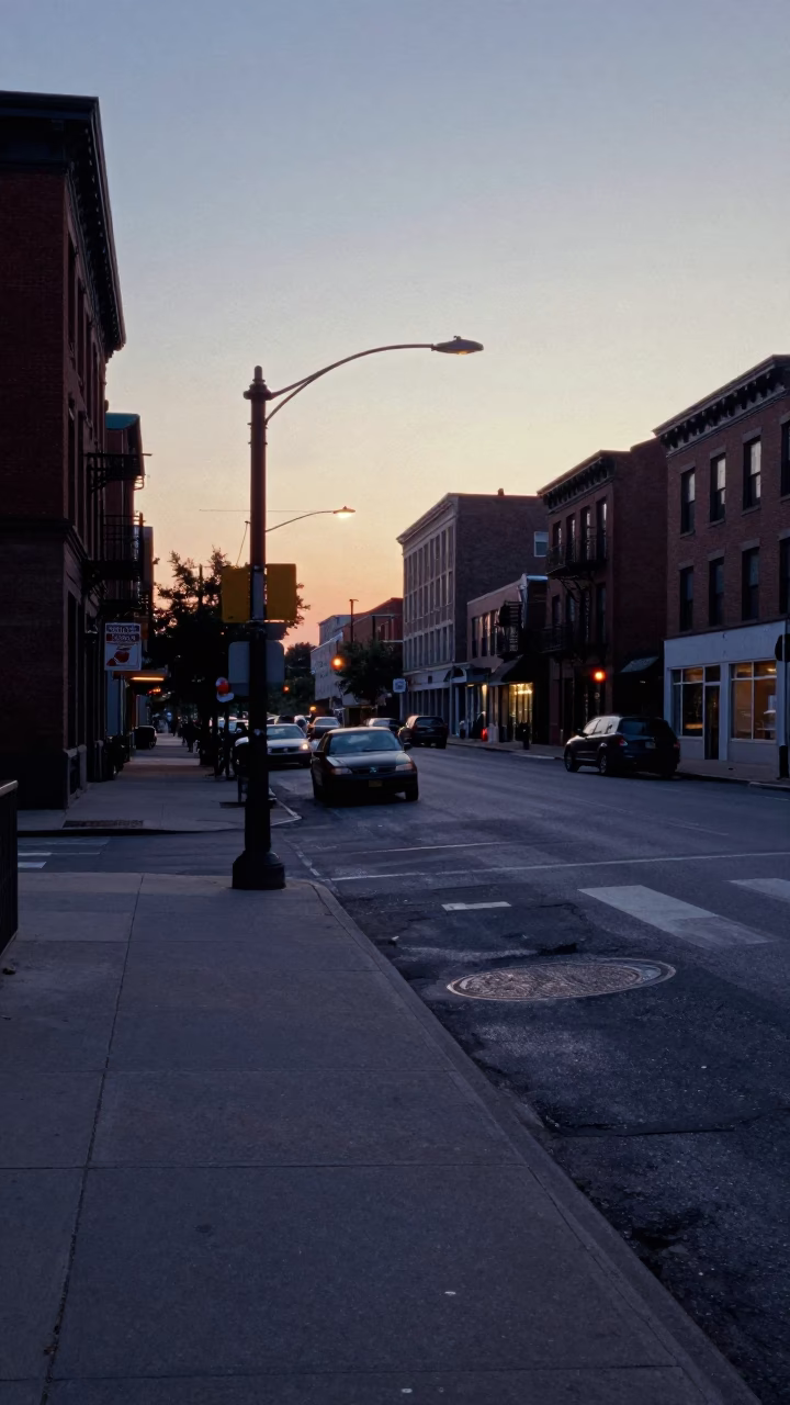 Chicago Street Scene Before Dawn with Vintage 1980s Aesthetic and Urban Details in in Chicago, Illinois, United States