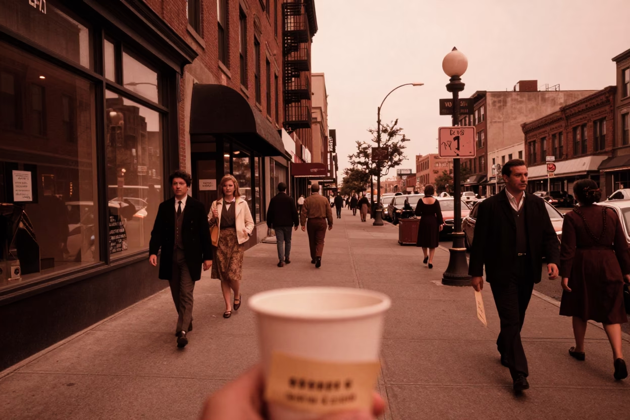Chicago Street Scene Before Dusk with Cup and Letter Opener on Busy Sidewalk in in Chicago, Illinois, United States