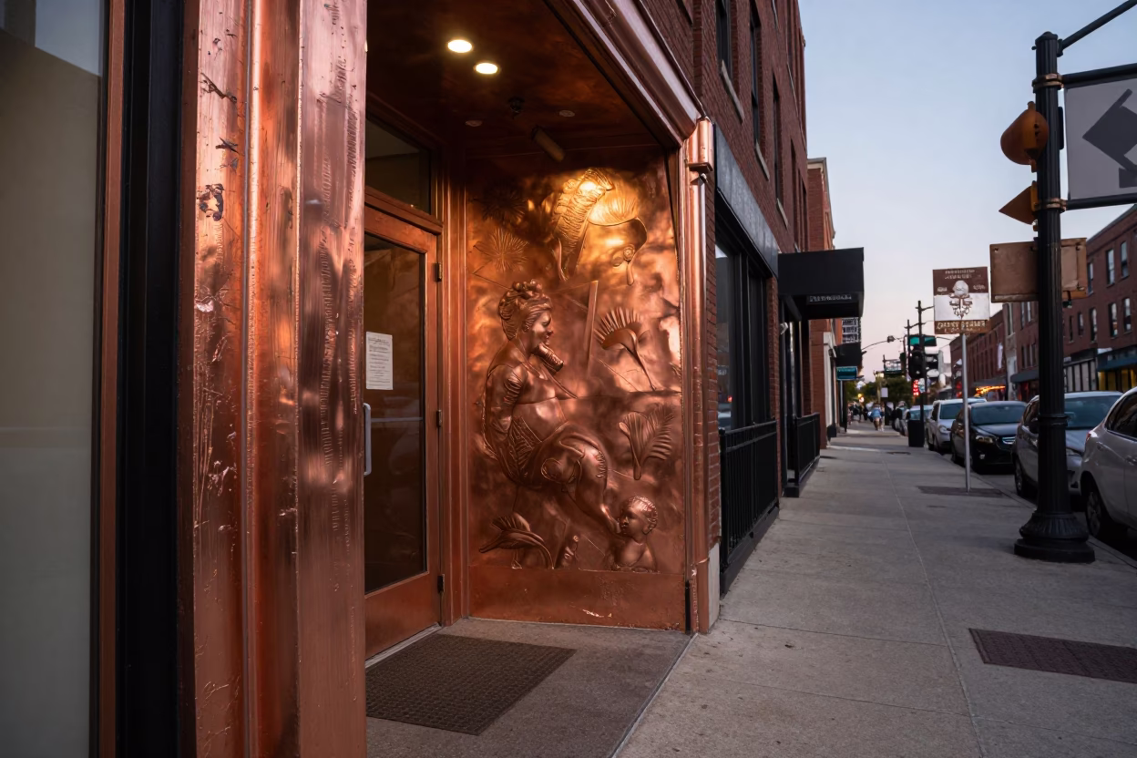 Chicago Street Scene Before Dusk with Doorframe and Brushed Steel Runner in in Chicago, Illinois, United States