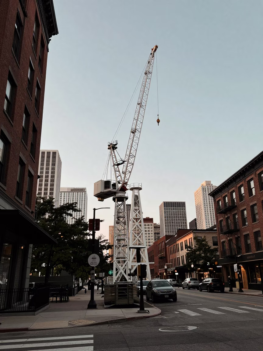 Chicago Street Scene Early Afternoon with Vintage Service Crane and Urban Activity in in Chicago, Illinois, United States