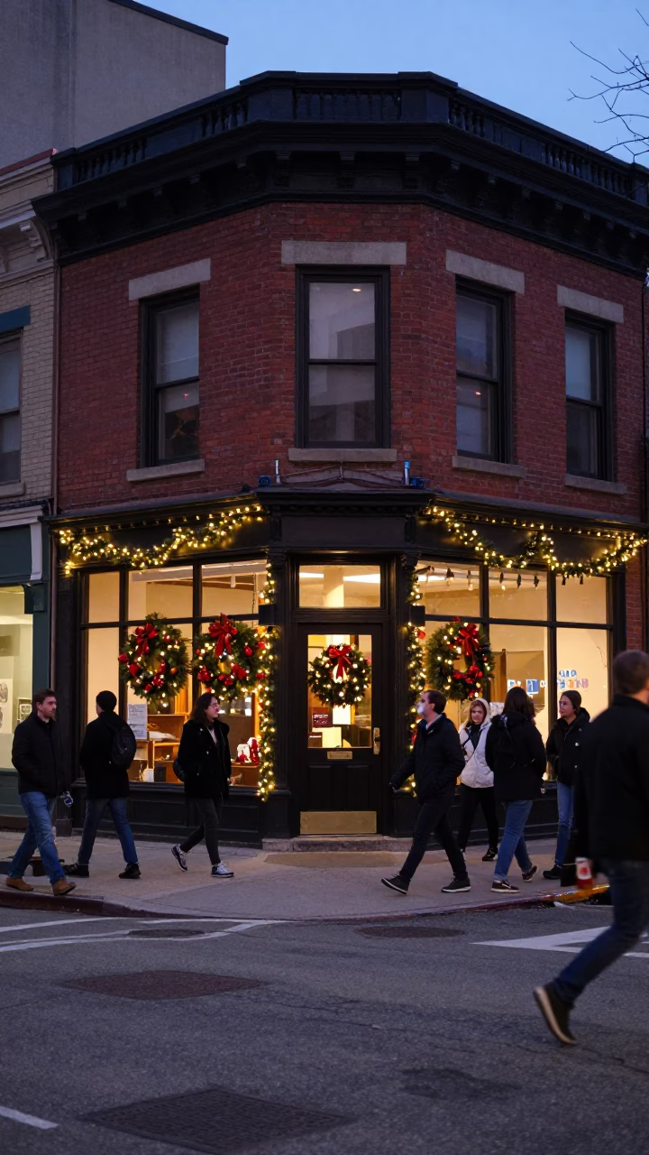 Chicago Street Scene Early Evening with Door Wreaths and Urban Life in Illinois in in Chicago, Illinois, United States