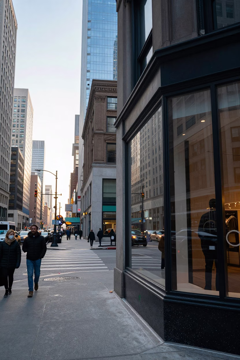 Chicago Street Scene First Light Busy Urban Morning with Glass Cabinet and Paint Flecks in in Chicago, Illinois, United States