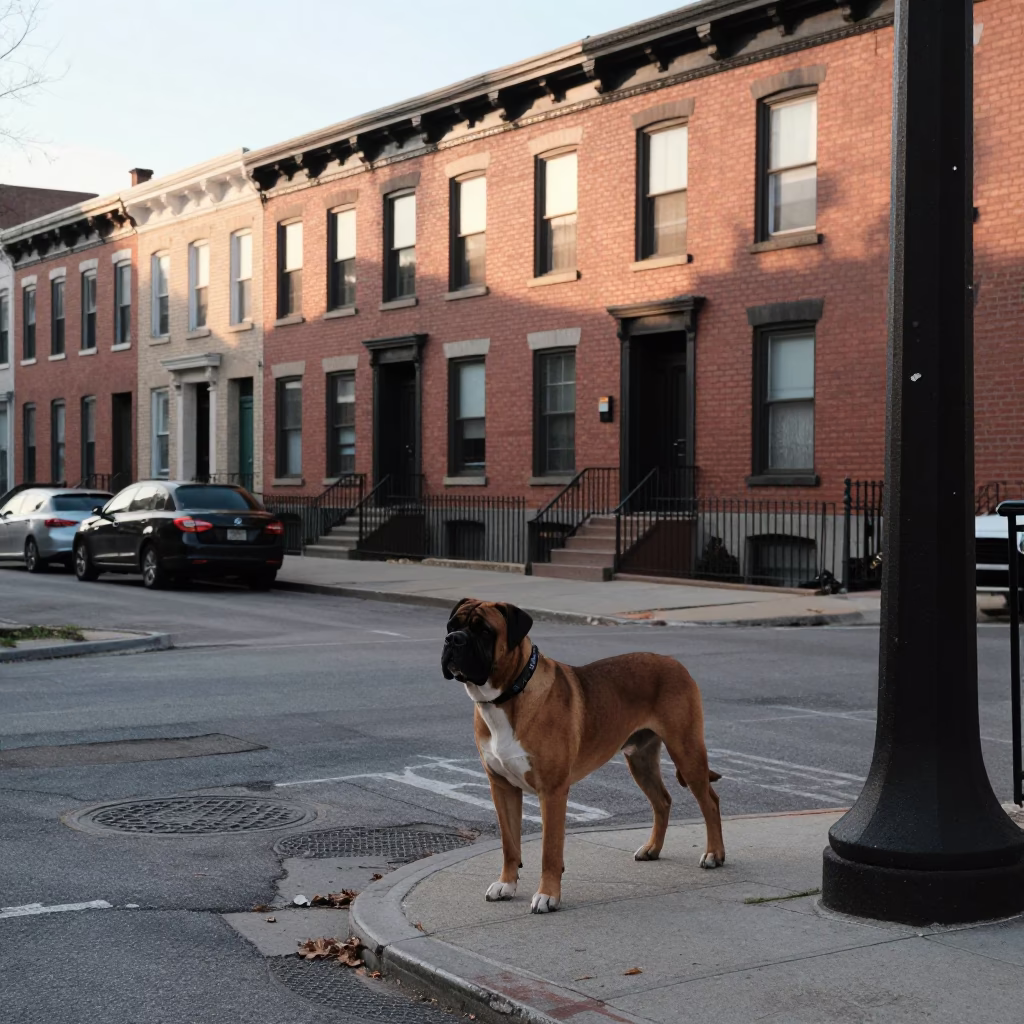 Chicago Street Scene First Light with Bullmastiff and Grease Sheen in in Chicago, Illinois, United States