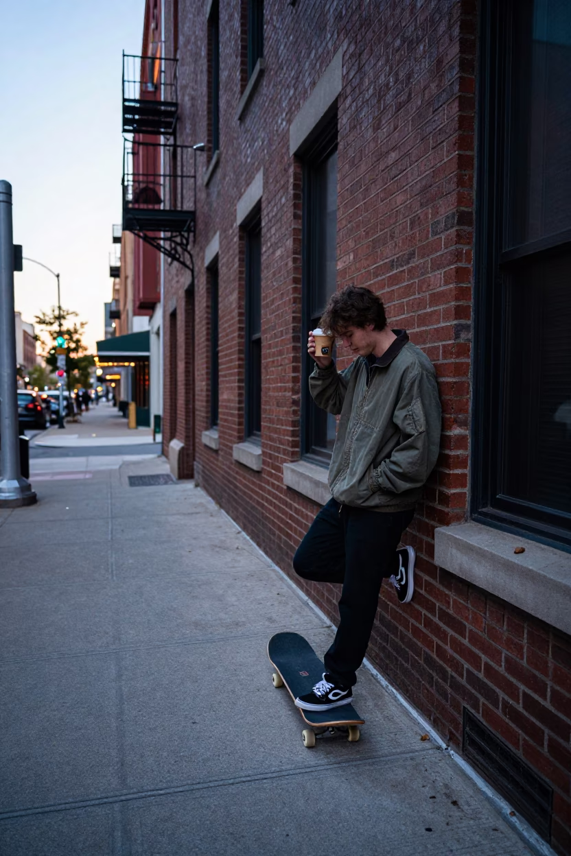 Chicago Street Scene First Light with Skateboard and Coffee Near Red Line Station in in Chicago, Illinois, United States